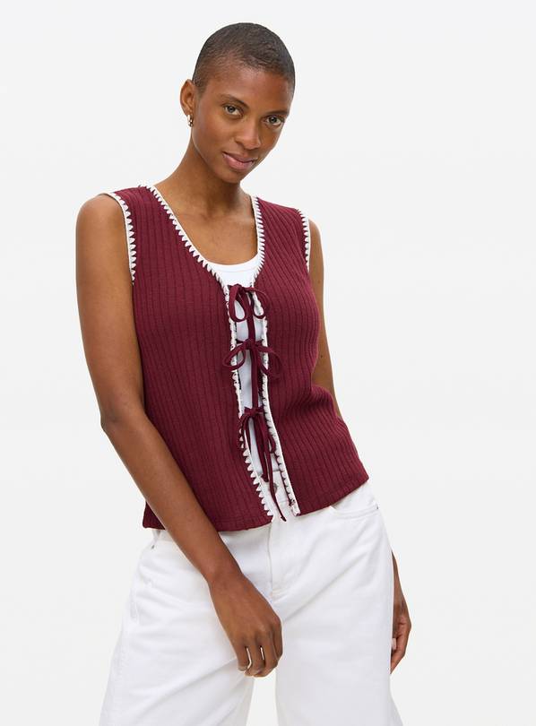 Dark Red Tie Front Textured Top 20